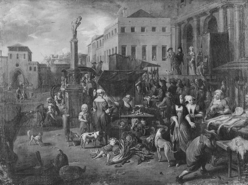 Market Scene with Actors on a Stage