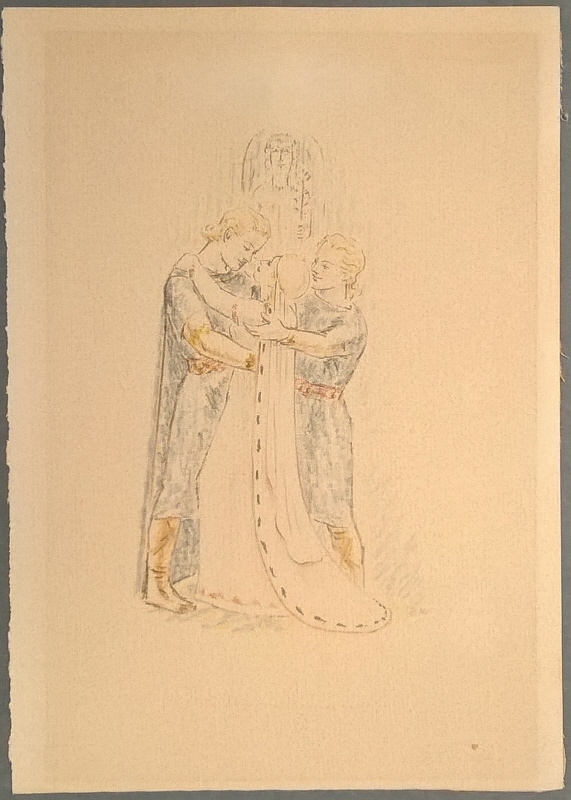 En ung man lämnar över en ung kvinna till hennes fästman som står framför en altare
