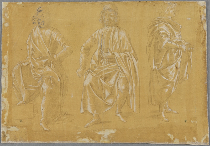 Two draped men sitting, one standing