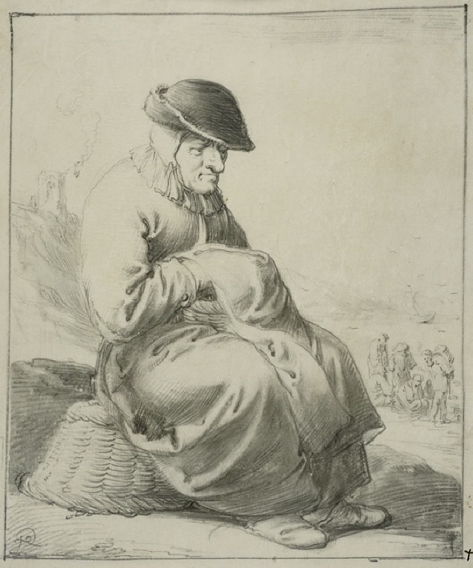 Äldre kvinna sittande på en upp- och nedvänd korg