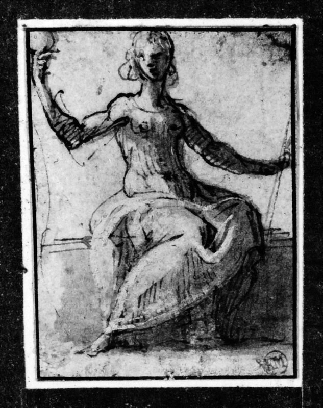 Sittande draperad kvinna med en glob i sin högra hand och en stav i sin vänstra hand