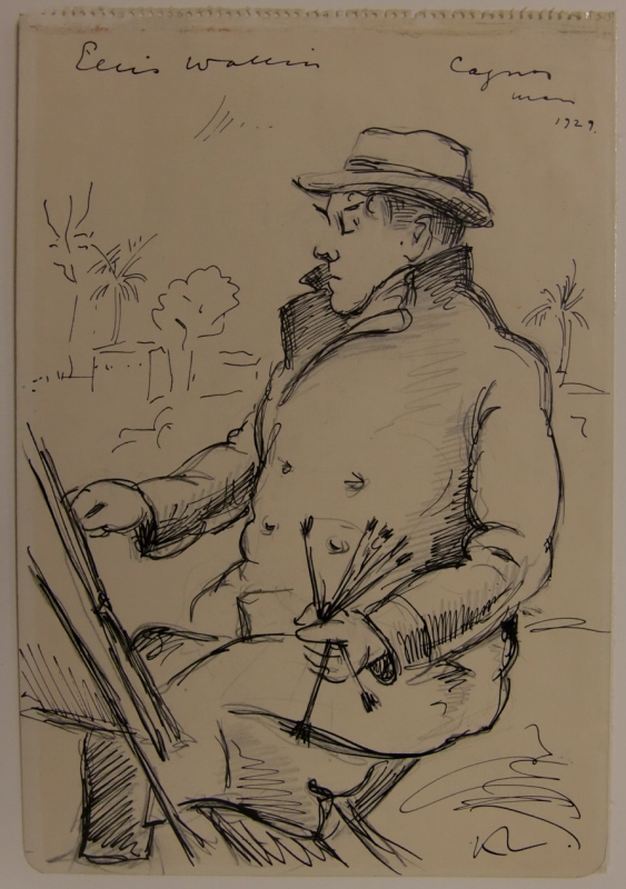 Ellis Wallin (1888-1972), konstnär, sittande framför sitt staffli