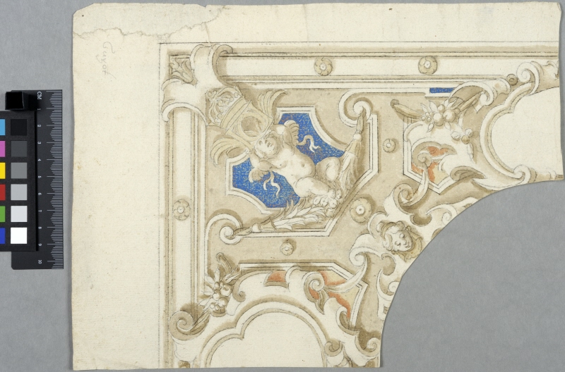 Design for a Corner of a Ceiling Decoration with Heavily Moulded Strapwork and Crowned Letter D Mirror Monogram. Inscription: "Guyot"