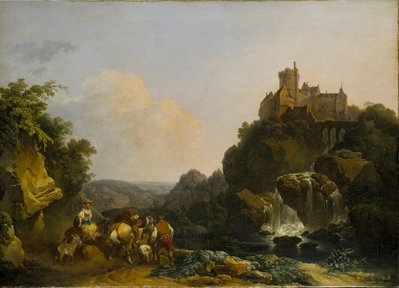 Landskap med vattenfall, slott och bondfolk