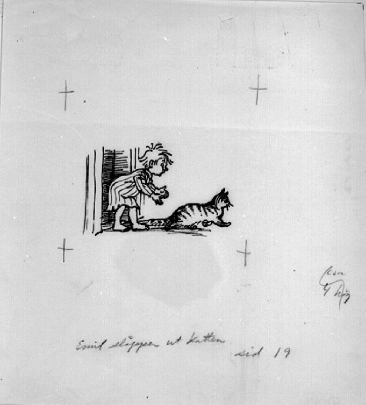 Illustration till "Nya hyss av Emil i Lönneberga" av Astrid Lindgren. Emil släpper ut katten, sidan 19