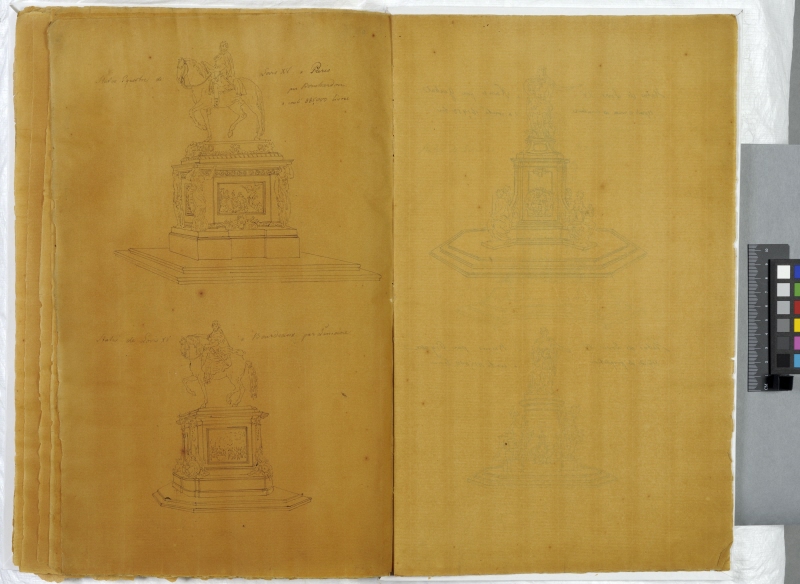 Four Monuments of Louis XV, in Paris and Bourdeaux (left) and in Valenciennes and Rennes (right). Tracing