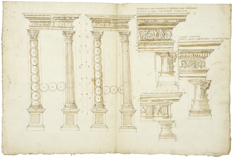 (a) Corinthian colonnade on pedestals, alternative elevation (left); (b) Compositecolonnade on pedestals, alternative elevation (centre); (c) details of the elevation of the entablature, capital and base of a Corinthian, Composite and Doric order (right)