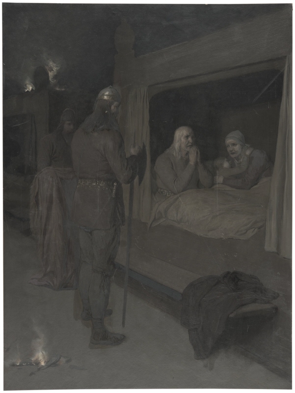 Njal, Bergthora and Thord Karisson Decide to be Burned Alive. Illustration for Njal’s Saga, ch. 129