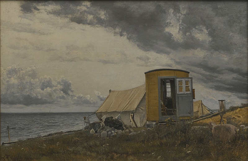 Strandparti med konstnärens vagn och tält på Enö