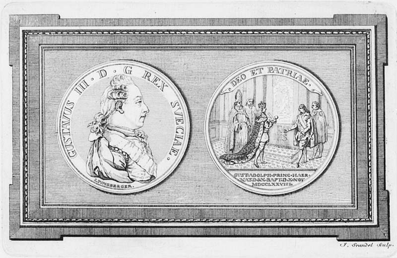 "Gustavus III. D.G Rex Sveciae."/ "Deo et Patriae.". Medalj slagen över kronprisens Gustaf IV Adolfs dop