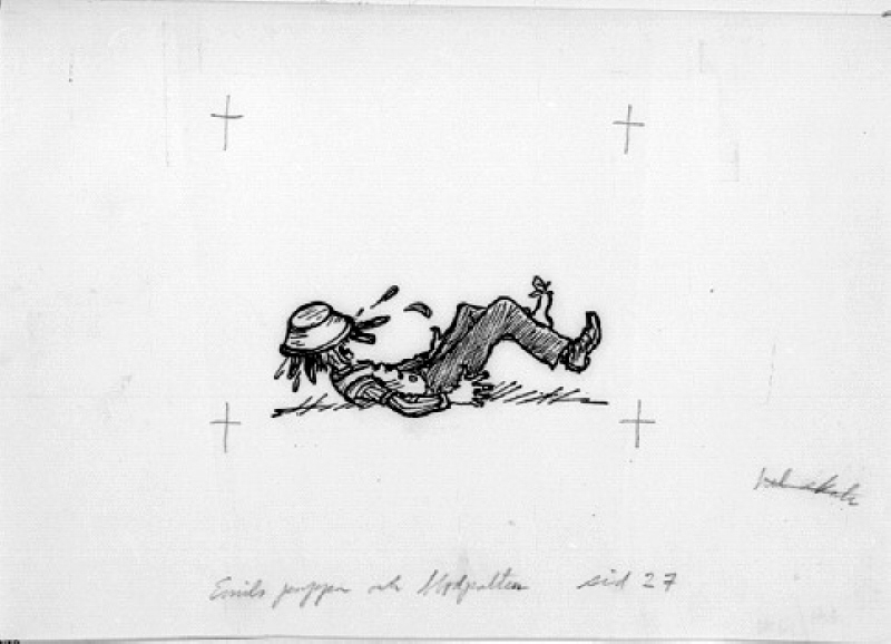 Illustration till "Nya hyss av Emil i Lönneberga" av Astrid Lindgren. Emils pappa och blodpalten, sidan 27