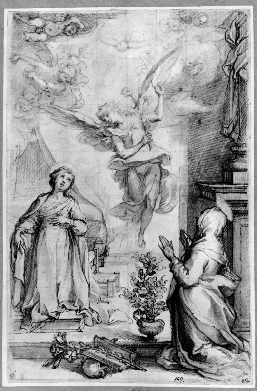 The Annunciation. To the right, St. Catherine of Siena in adoration