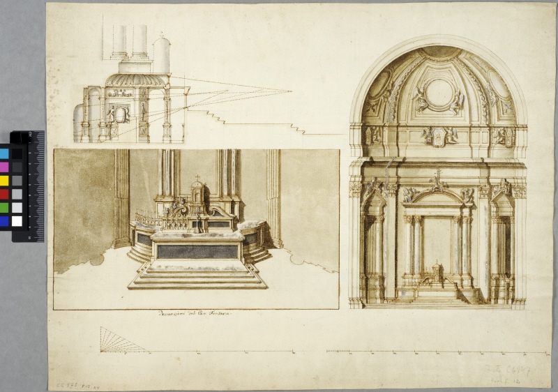 Projekt till Jesuitkyrkan i Frascati. Elevation av absiden, sektion och detalj av altaret