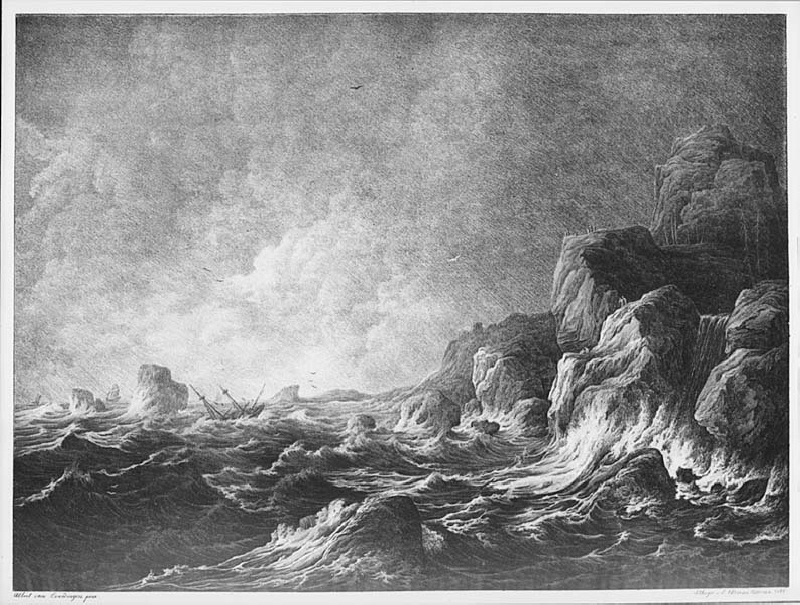 Skeppsbrott vid klippig kust i storm