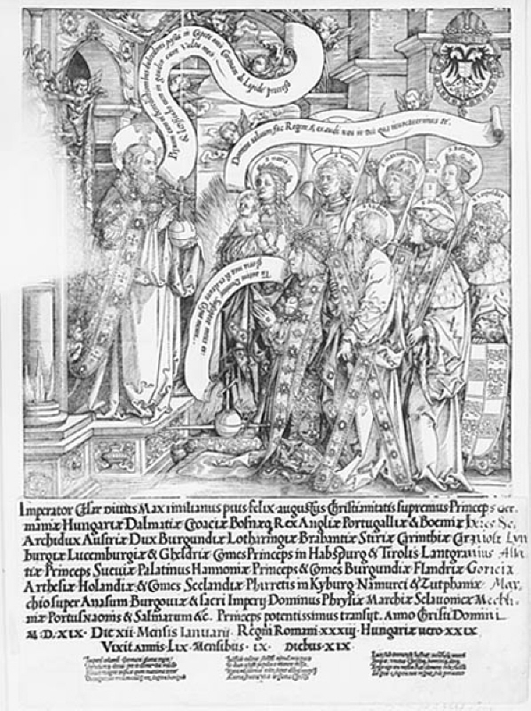 Kejsar Maximilian I, madonnan och sex helgon tillber Gud Fader