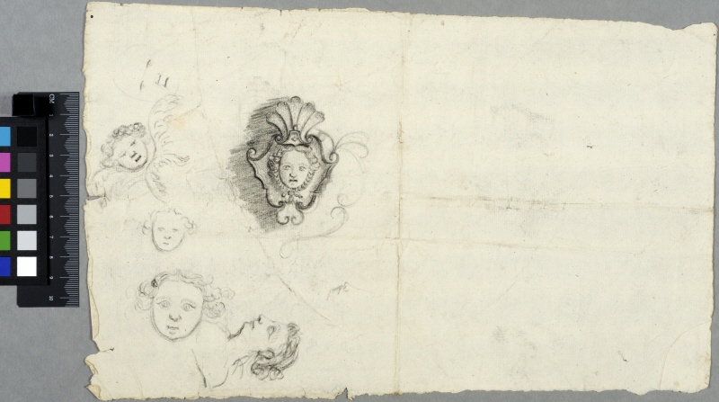 Skisser av barn- och kvinnoansikten, bl.a. en kartusch med maskaron samt bevingat änglahuvud (seraf)