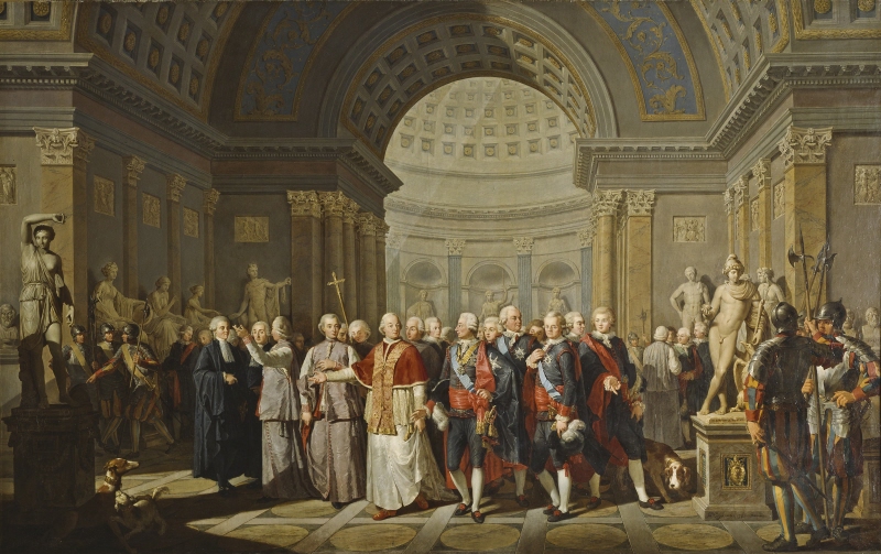 Påven Pius VI visar Gustav III det vatikanska skulpturgalleriet