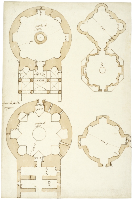 Rome: Via Prenestina, Villa dei Gordiani: (a) Mausoleum at “Tor de’ Schiavi”, plan on two levels (upper and lower left); (b) Octagonal Hall connected to a tetraconch hall, plan (upper right); (c) unidentified centralised building (lower right)