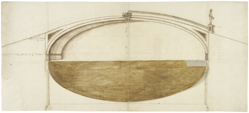 Unknown location (Nuremberg?): project for a flat single-arch bridge with a span of 100 cubits (braccia fiorentine). Elevation, plan (recto)