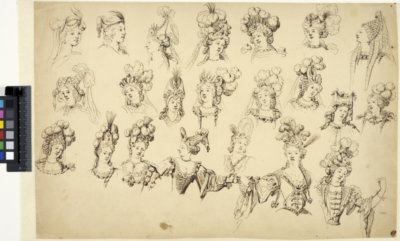 22 Sketches of Female Head-dresses. Drawn after costumedrawings from the atelier of Jean I Berain