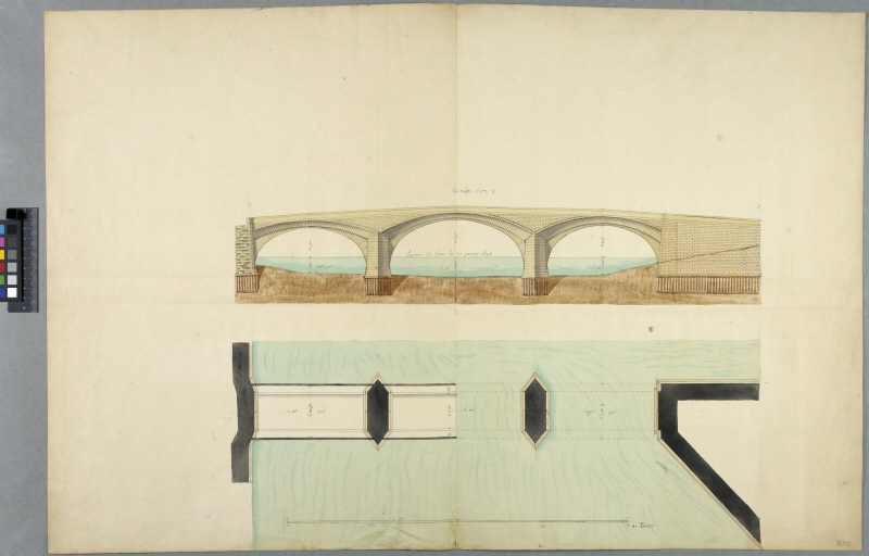 Ritning till bro med tre spann; elevation och plan, samt uppgift om vattenståndet 20 januari 1698.
