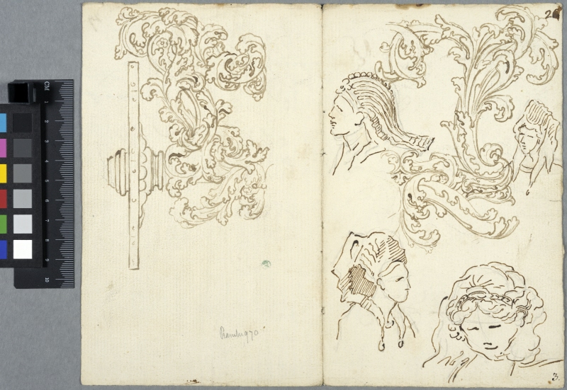 Sheet with two studies for coach decorations and four sketches of heads