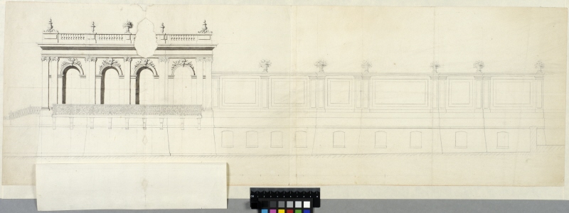 Proposal for Grand Trianon, Versailles. Elevation of the south facade with garden wall. A flap showing an altenative foundation