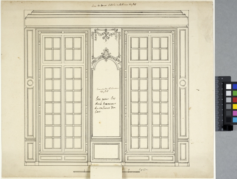 The Menagerie at Versailles. Wall elevation with looking-glass and surmounting panel between two windows. With alternative designs for the mirror showing on two flaps