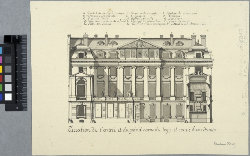 Hôtel de Saint-Aignan, Paris. Elevation of entrance and court facades and section through a wing