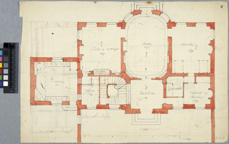 Château de Champs: plan till bottenvåningen, ej genomfört projekt