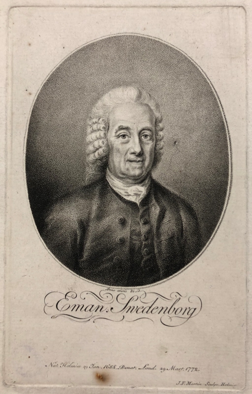 Emanuel Swedenborg med uppknäppt rock och peruk