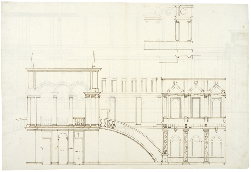 Villa Giulia, Rom. Elevation av loggians halvcirkulära fasad mot nymfeet samt överst elevation och plan av bakre trädgårdens joniska ädikula
