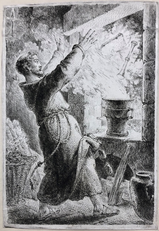 En franciskanermunk ryggar tillbaka inför en explosion i en öppen spis