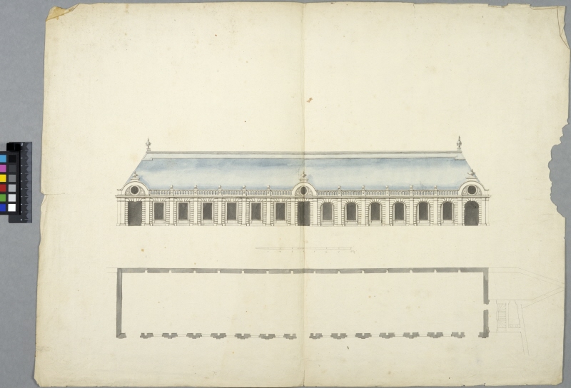 The Orangery by the Luxembourg Palace, Paris. Elevation and plan