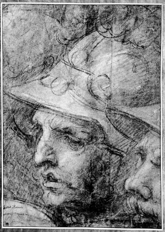 Soldathuvud. Detalj av kartong till en fresk återgivande segern över Pisa vid Torre San Vincezo