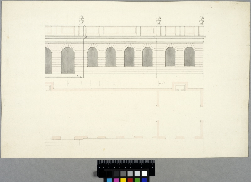 Proposal for Orangery, at Drottningholm? Elevation and plan of the right half