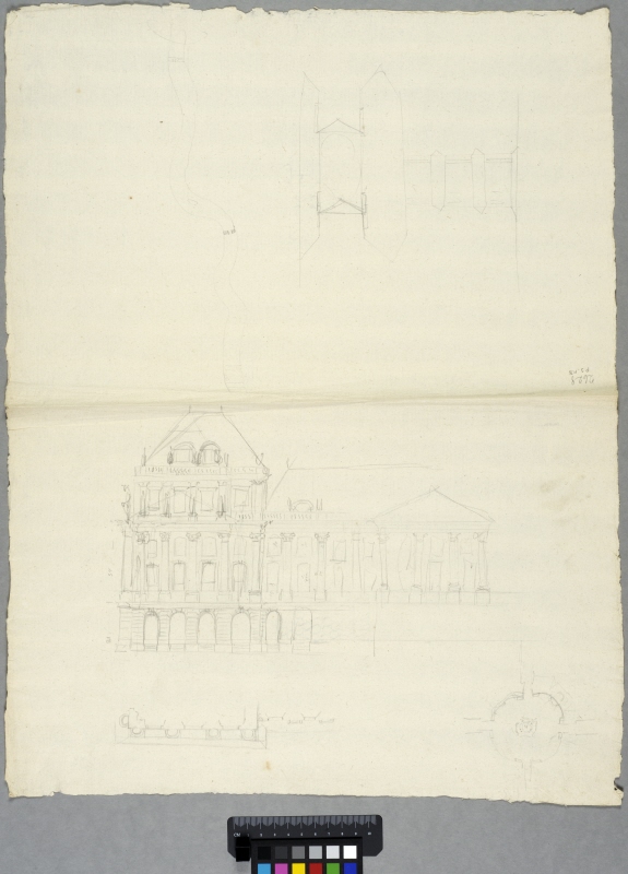 Design for a Place Publique Enclosed by Townhouses. Elevation of facades and plan. And study for a bridge