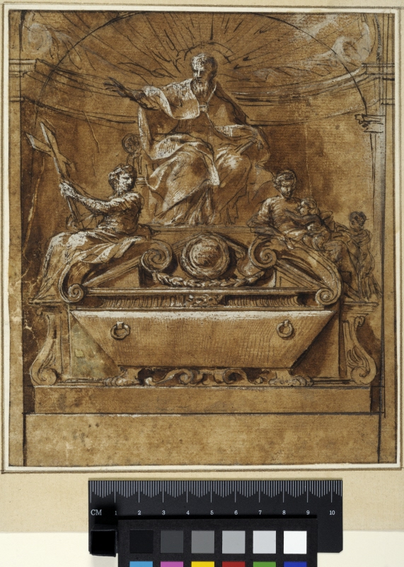 Tomb with an Enthroned Pope. Faith and Charity on the lid of the sarcophagus
