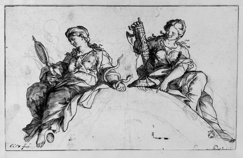 Sapientia och Justitia sittande över en arkivvolt