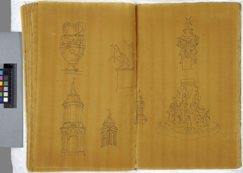 Compilation sheet with architectural elements taken from Roman buildings, fountains, monuments and a classical urn