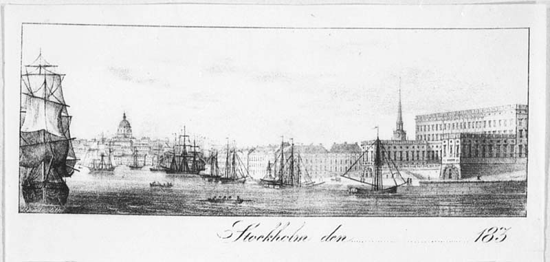 Stockholmsutsikt fr. Balsieholmen omkr 1830, brevpappervinjett