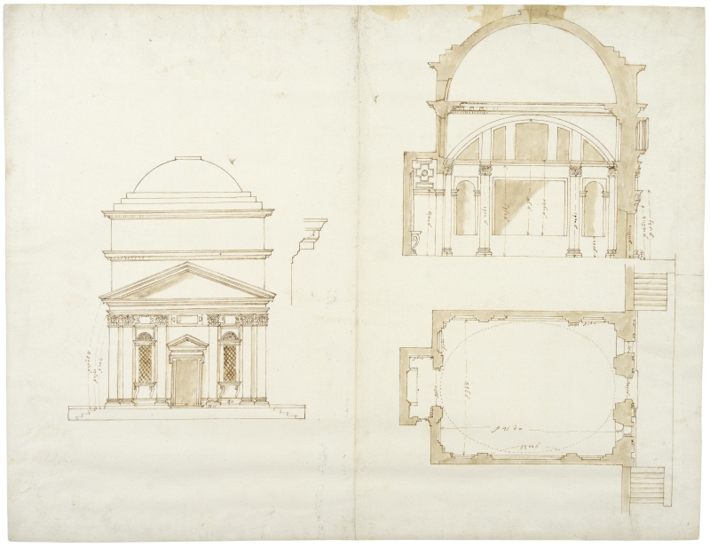 Rome: Sant’Andrea in Via Flaminia, front elevation (left), longitudinal section andplan (right), second half of the 16th century