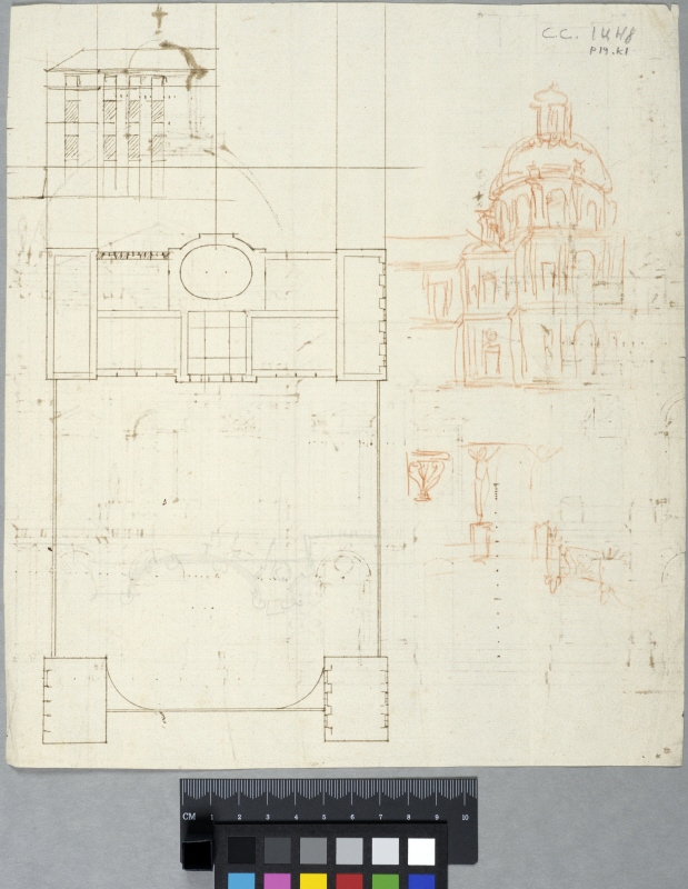 Study for Plan and Partial Elevation of a Country Retreat, Early Design for Vaux-le-Vicomte? Also a perspective draft for a building with a dome upon a drum