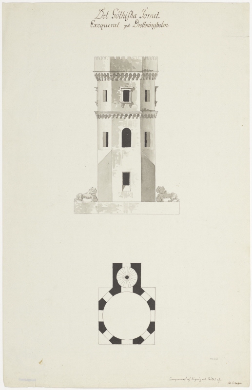 Götiska tornet, Drottningholm. Bakre fasad och plan