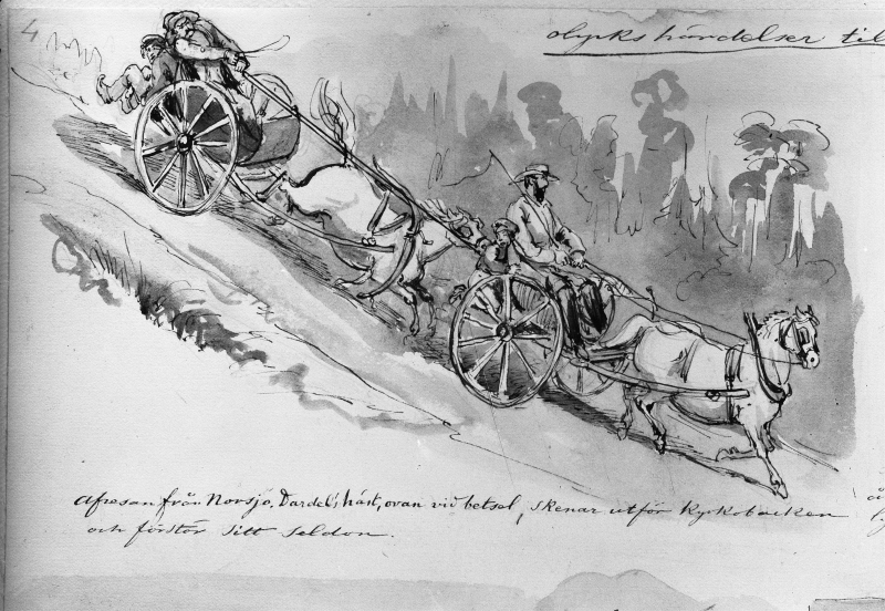 Dardels häst i sken, samt tre andra bilder. Skissbok "Reseminnen från Norrland 1858"