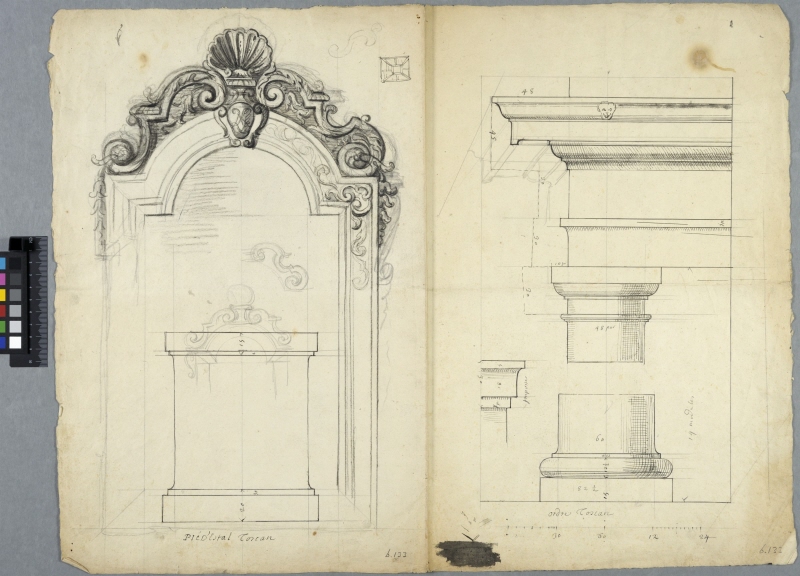 Toskansk kolonn med entablement, toskansk piedestal samt dekorativt ramverk