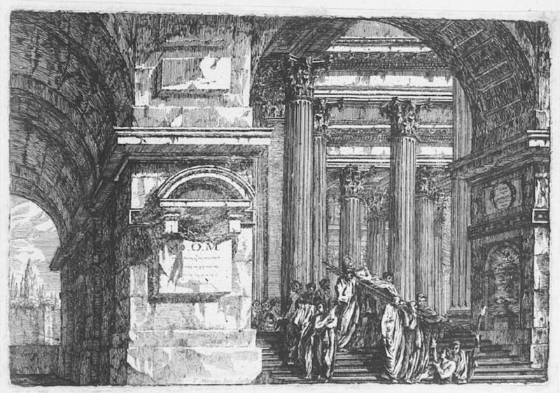 Begravningståg framför ett tempel. Ingår i "Architecture de différents maîtres"
