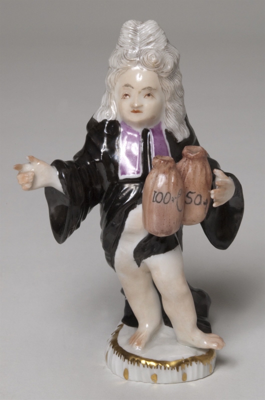 Figurin, bevingad putto som advokat i hög peruk