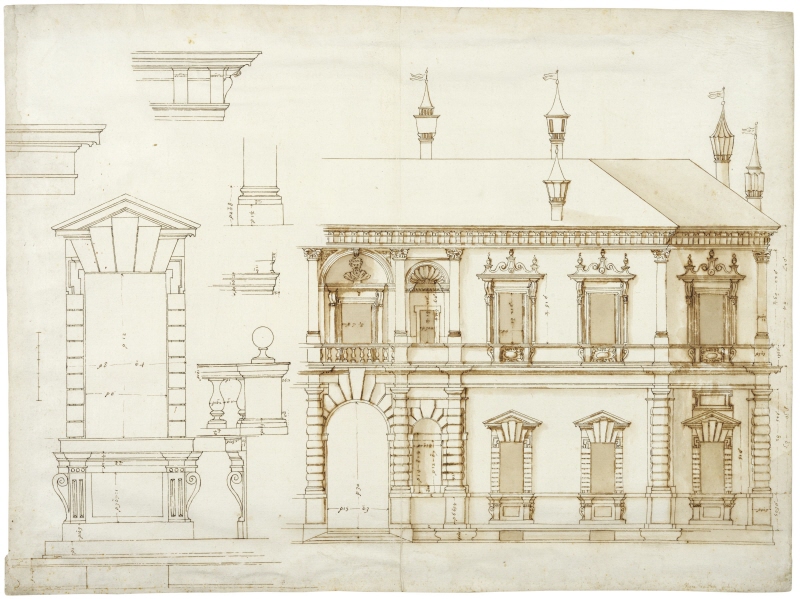 Villa Giulia, Rom. Elevation av högra halvan av huvudfasaden. Till vänster detaljer i form av fönsteromfattning, balustrad, gesimser och kolonnbas