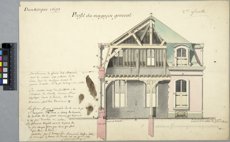 Magazine in Dunkerque. Combined section and elevation with numerous inscriptions